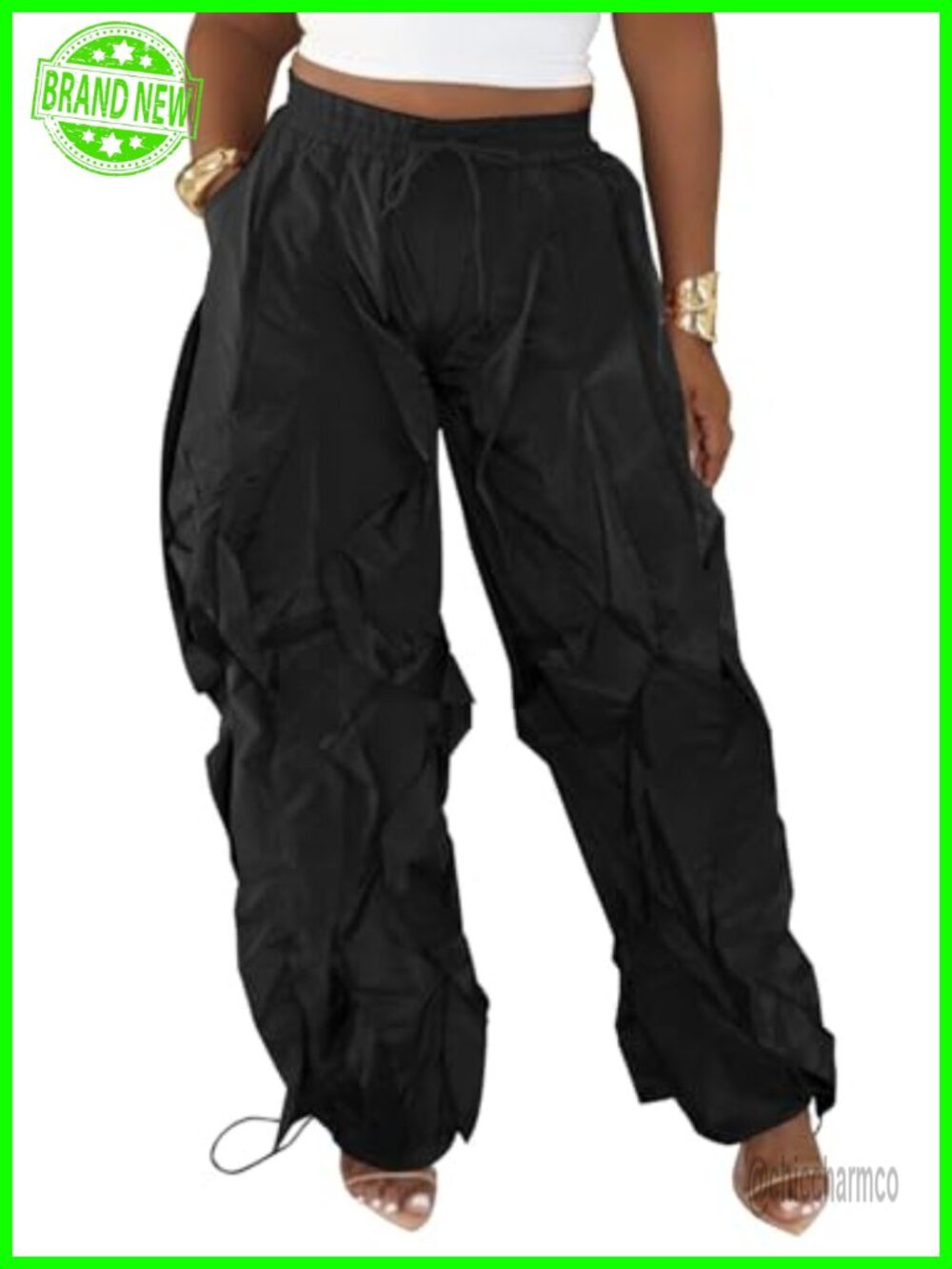 Women's High Waist Baggy Cargo Pants Parachute Wide Leg Drawstring Trousers